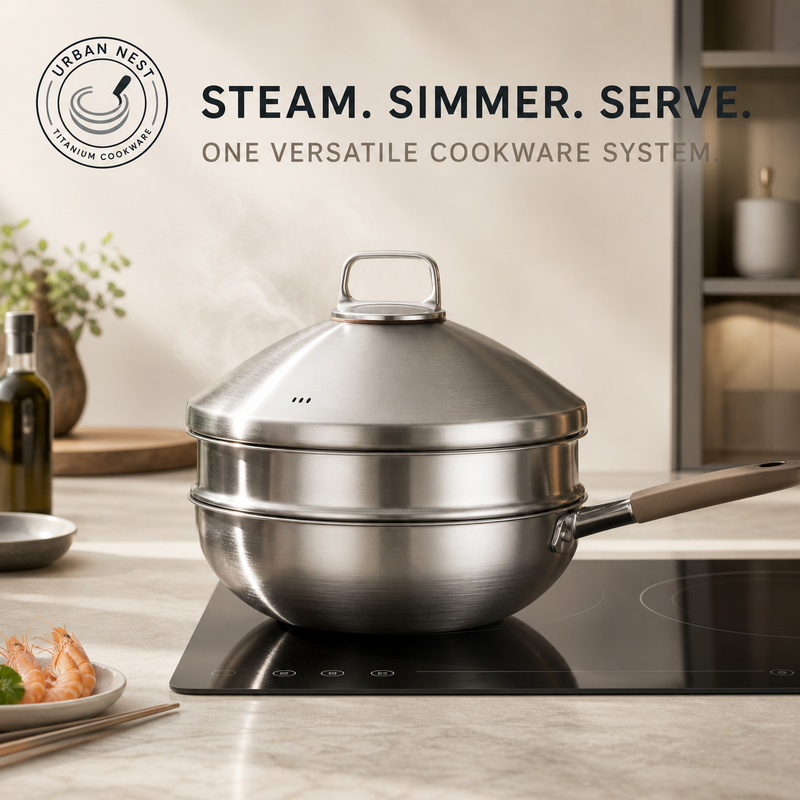 Titanium non-stick pan with the steamer insert and domed lid assembled on an induction hob, steam rising