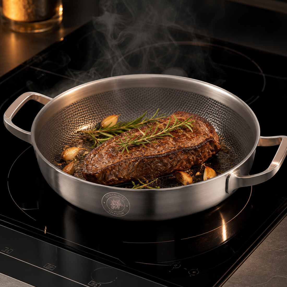 Searing steak in an uncoated pan, illustrating titanium vs stainless steel cooking performance