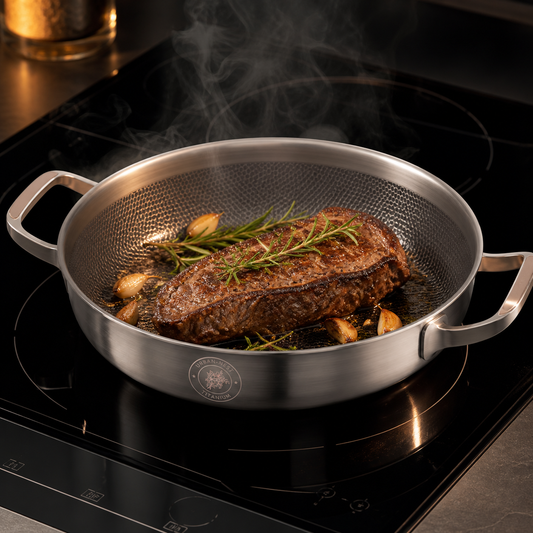 Searing steak in an uncoated pan, illustrating titanium vs stainless steel cooking performance