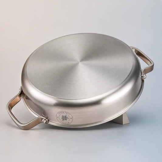 The flat base of an induction frying pan, the part that determines whether it works on an induction hob