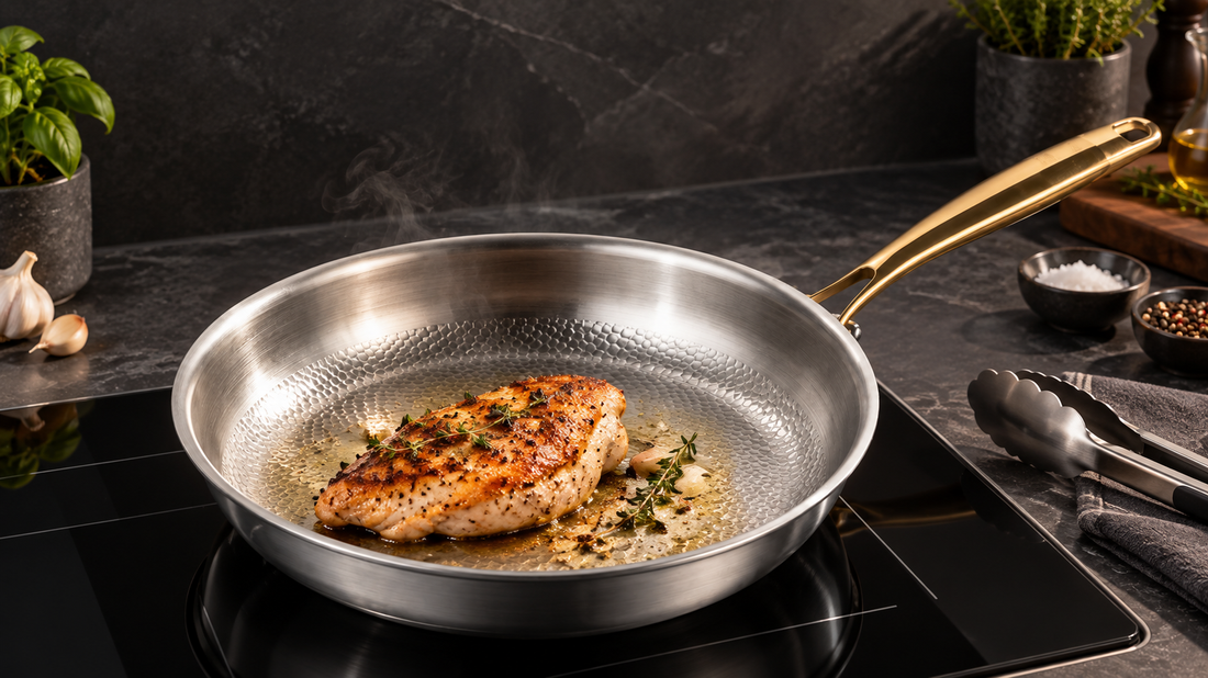 A silver textured uncoated Urban Nest frying pan with seared chicken releasing cleanly from the surface