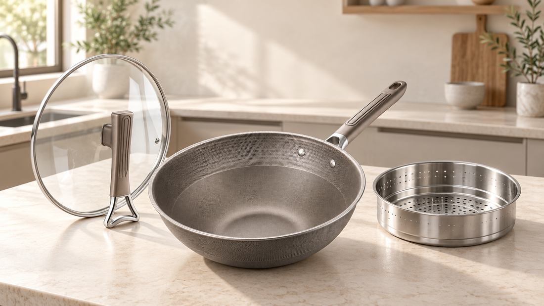 Urban Nest cookware pan displayed with a glass lid and stainless-steel steamer insert