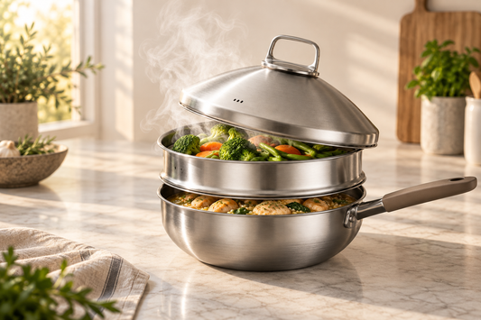 Fresh vegetables steaming above a weeknight meal in an Urban Nest multi-use pan