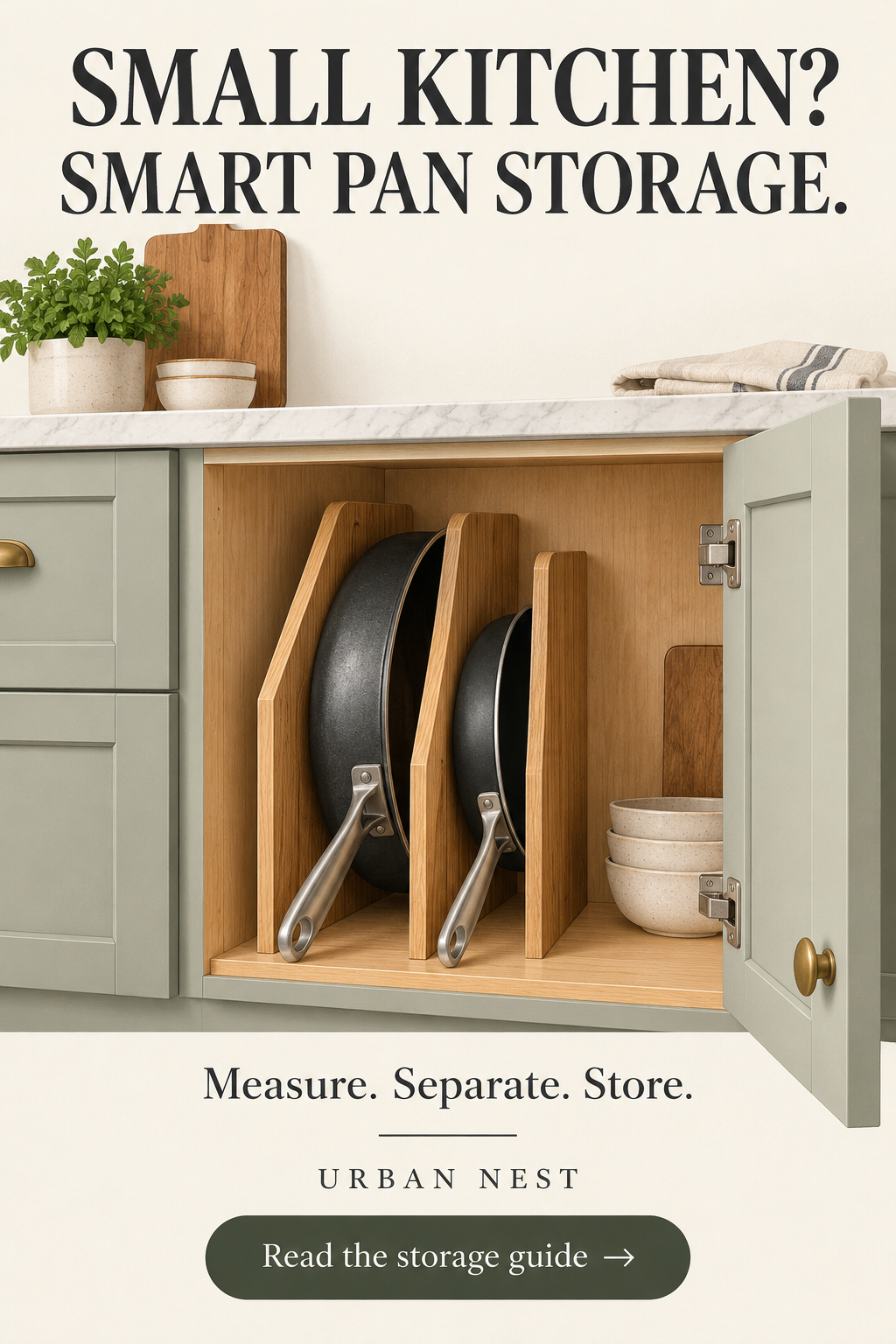 Illustration of two frying pans in separate vertical cabinet slots.