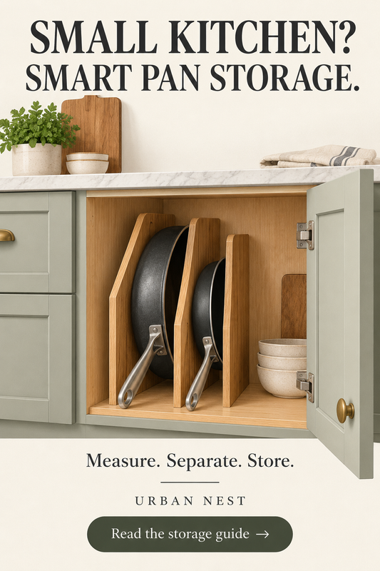 Illustration of two frying pans in separate vertical cabinet slots.