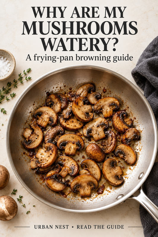 AI food scene: browned mushrooms in a generic silver frying pan.