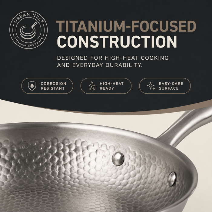 Uncoated hammered titanium frying pan, corrosion resistant and high-heat ready with an easy-care surface