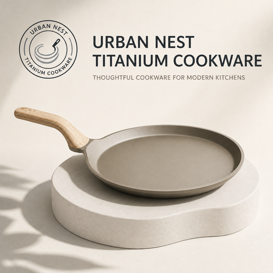 The off-white 24cm titanium non-stick frying pan with its pale wood-look handle