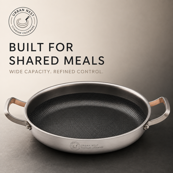 Wide titanium non-stick pan with its honeycomb cooking surface, built for family-size meals