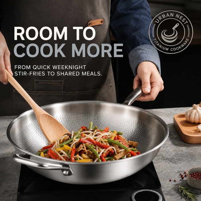 Stir-frying vegetables and noodles in the deep hammered titanium multi-use pan
