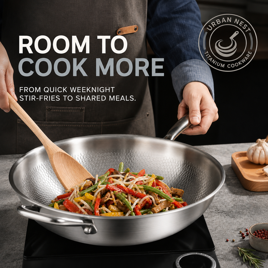 Stir-frying vegetables and noodles in the deep hammered titanium multi-use pan