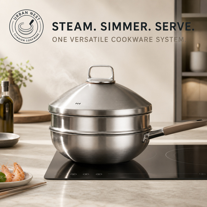 Titanium non-stick pan with the steamer insert and domed lid assembled on an induction hob, steam rising